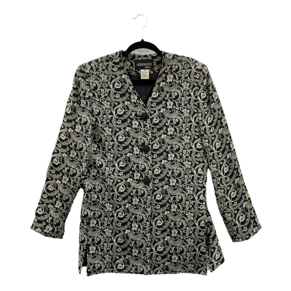 Adolfo‎ Atelier Womens Blazer Black Floral Embroidered Lined Side Slit V Neck 10